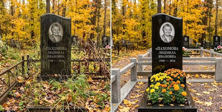 Уборка могилы до и после осенью — клёны в Пензе