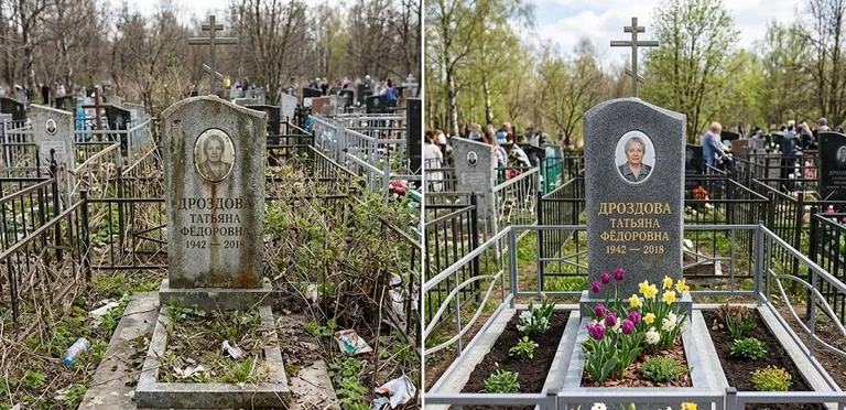 Диптих №4: свежепокрашенная серебром оградка и отмытый красный гранит — до и после в Пензе