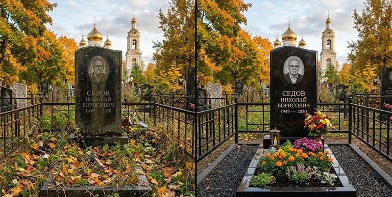 Уборка могилы до и после осенью — у церкви в Пензе