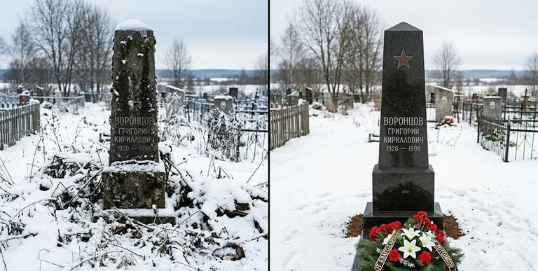 Уборка могилы до и после зимой — воинский обелиск в Пензе