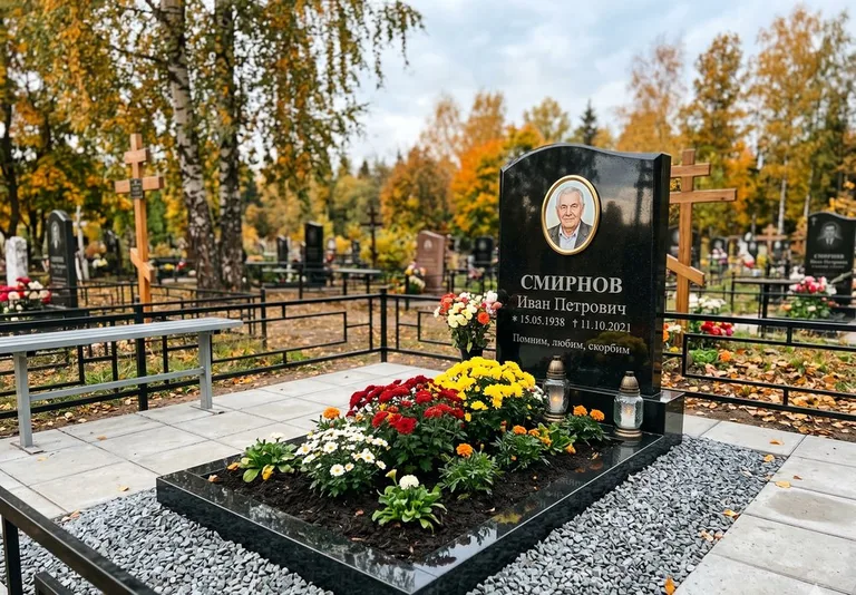 Ухоженная могила после уборки и мойки памятника в Пензе