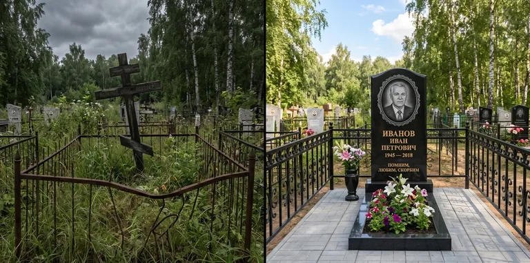 Благоустройство могилы до и после установки памятника в Пензе