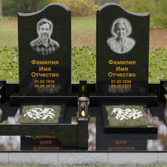 Памятник гранитный двойной с волнообразным верхом, гранит Габбро-диабаз, вид 2