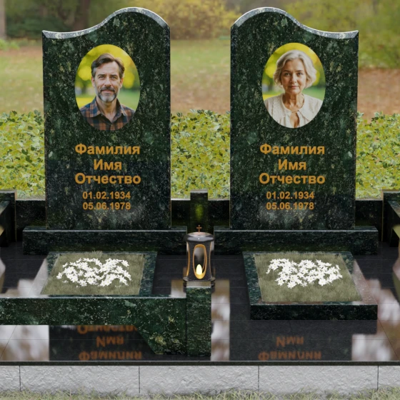 Памятник гранитный двойной с волнообразным верхом, гранит Балтик грин, вид 2