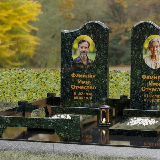 Памятник гранитный двойной с волнообразным верхом, гранит Балтик грин, вид 4