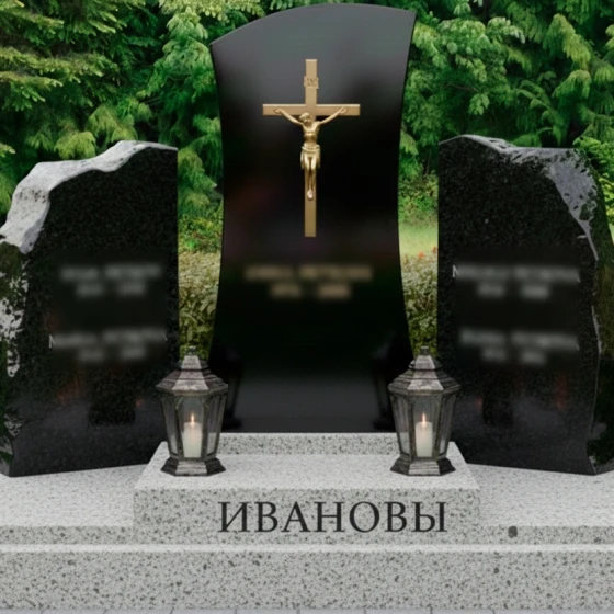 Православный гранитный памятник с крестом и глыбами, гранит Габбро-диабаз