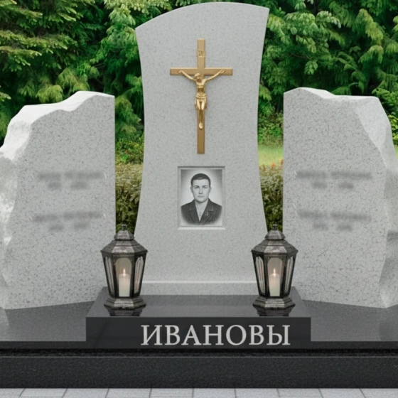 Православный гранитный памятник с крестом и глыбами, гранит Мансуровский