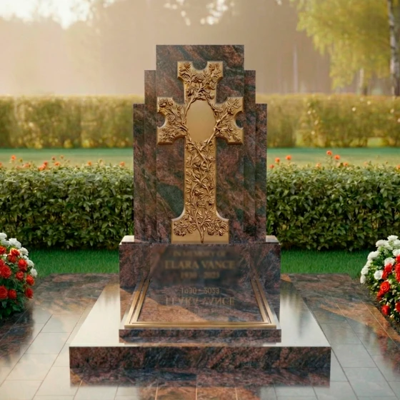 Вертикальный гранитный обелиск с барельефным крестом, гранит Дымовский