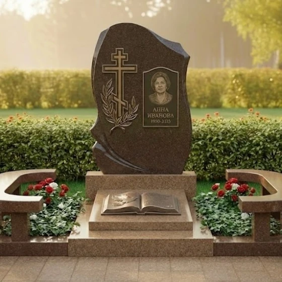 Мемориальный комплекс с крестом и гравировкой, гранит Дымовский