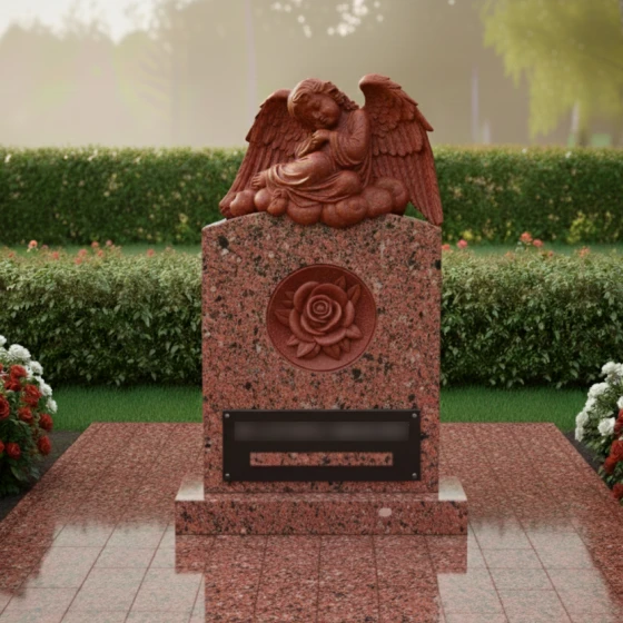 Вертикальная гранитная стела с розой и ангелом, гранит Лезниковский