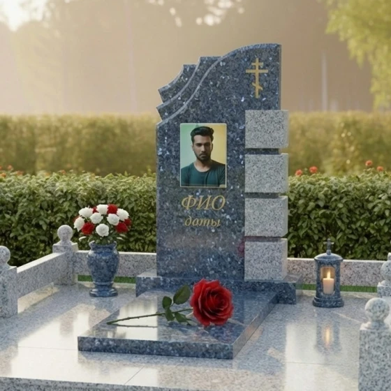 Гранитный мемориал с тройным каскадом и крестом, гранит Блю Перл