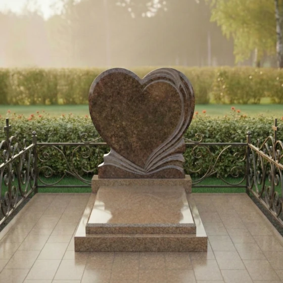Гранитная стела-сердце с резьбой и страницами, гранит Дымовский