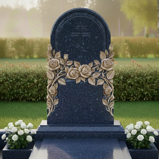 Гранитный памятник-арка с розами и крестом, гранит Блю Перл