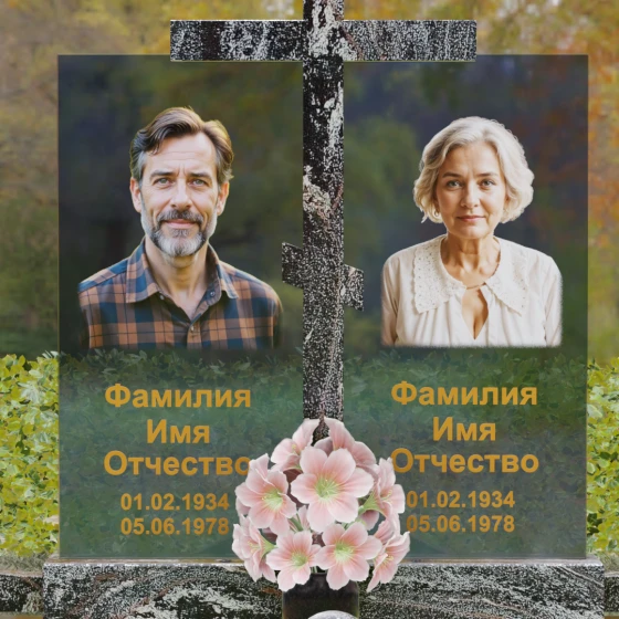 Горизонтальный памятник с восьмиконечным крестом, гранит амфиболит