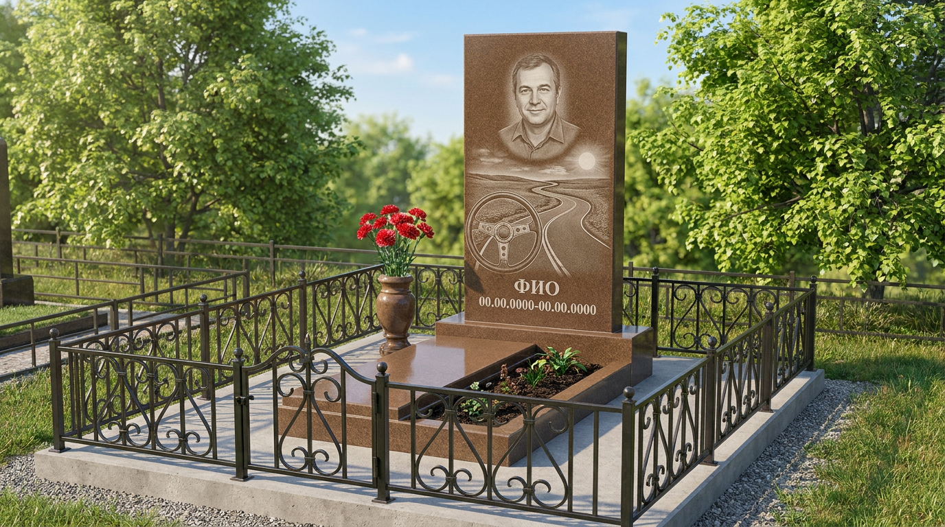 Пример дизайна: Гранитный памятник дальнобойщику из цельной глыбы с дорожным сюжетом