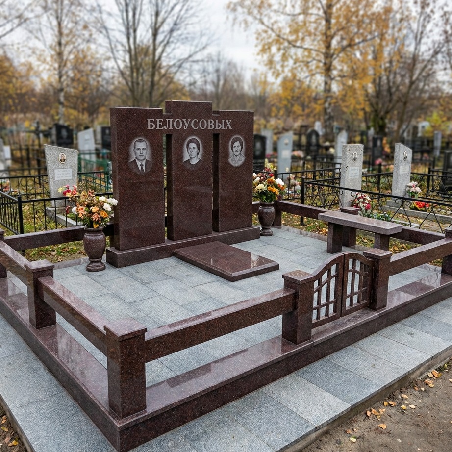 Пример дизайна: Семейный мемориальный комплекс из красного гранита — фото и цена