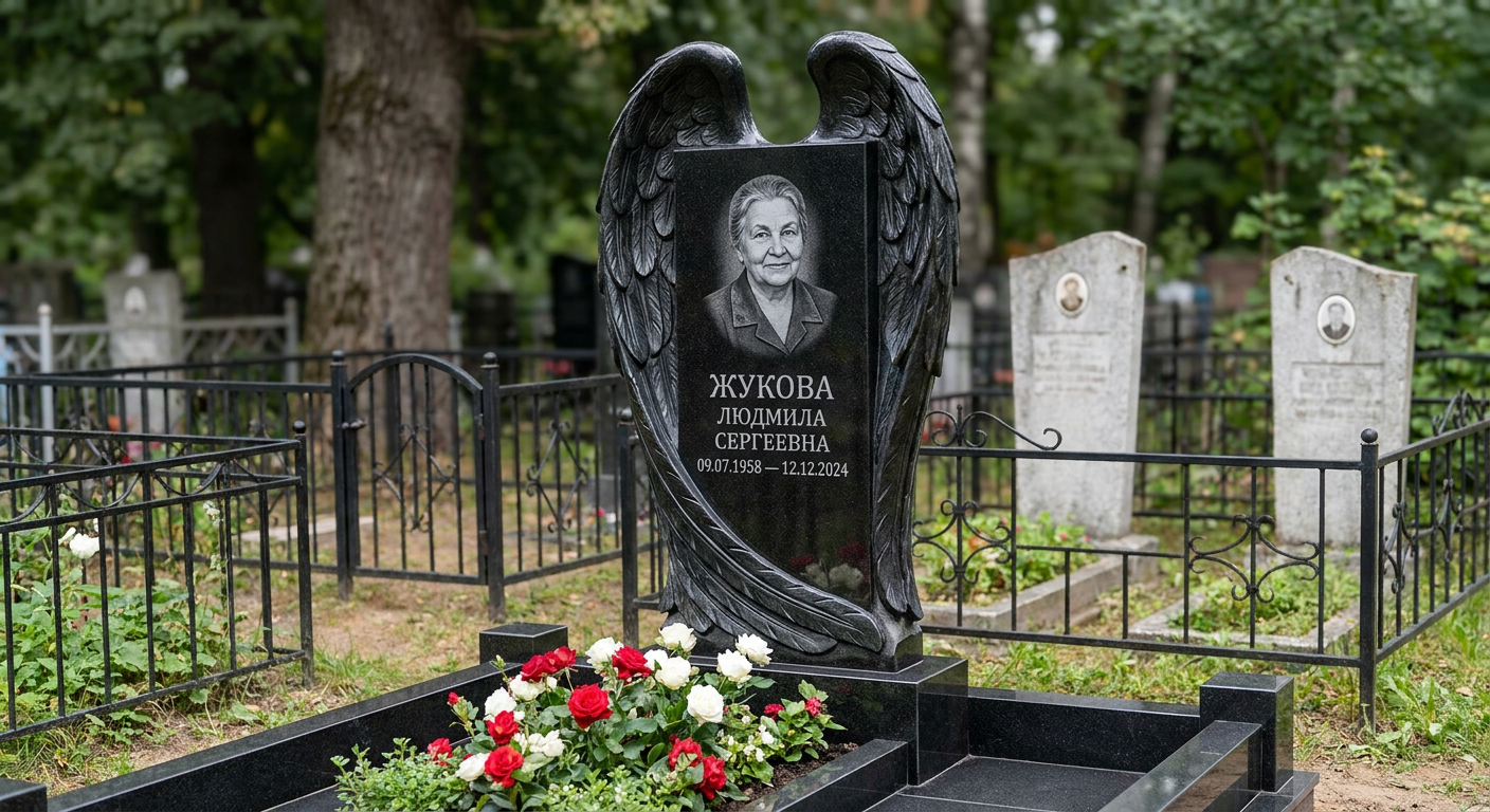 Пример дизайна: Памятник с крылом ангела из черного габбро-диабаза