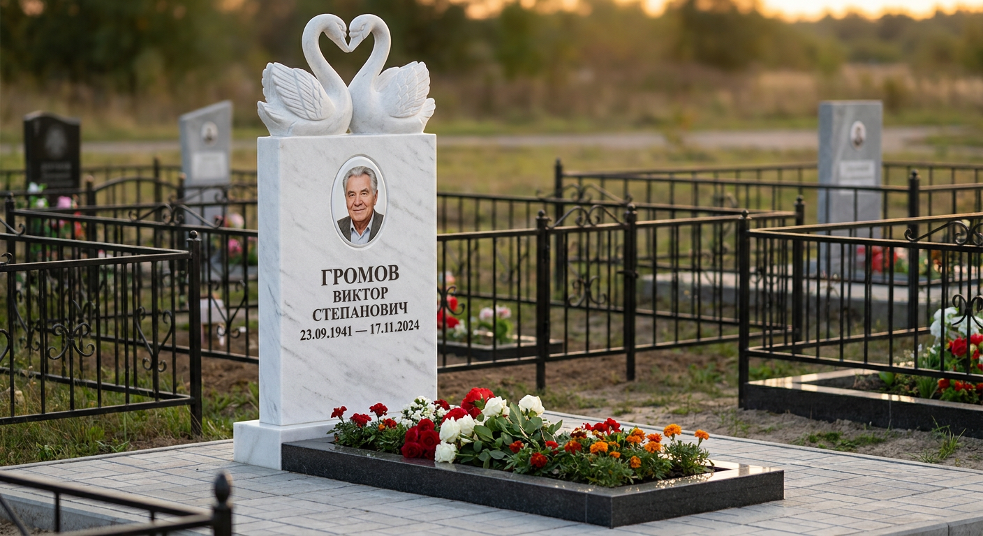 Пример дизайна: Мемориал с лебедями из белого мрамора с портретом
