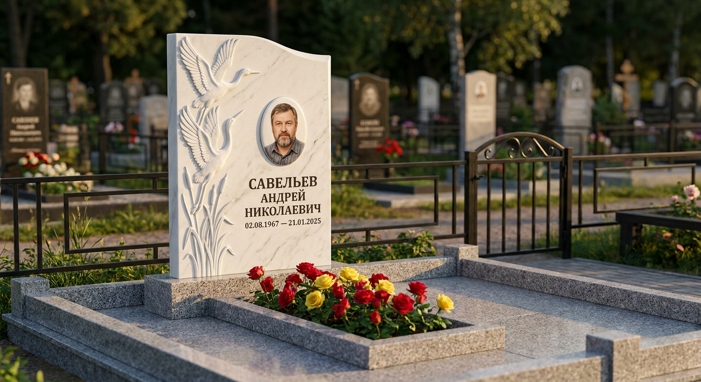 Пример дизайна: Мемориал с журавлями из белого мрамора с портретом