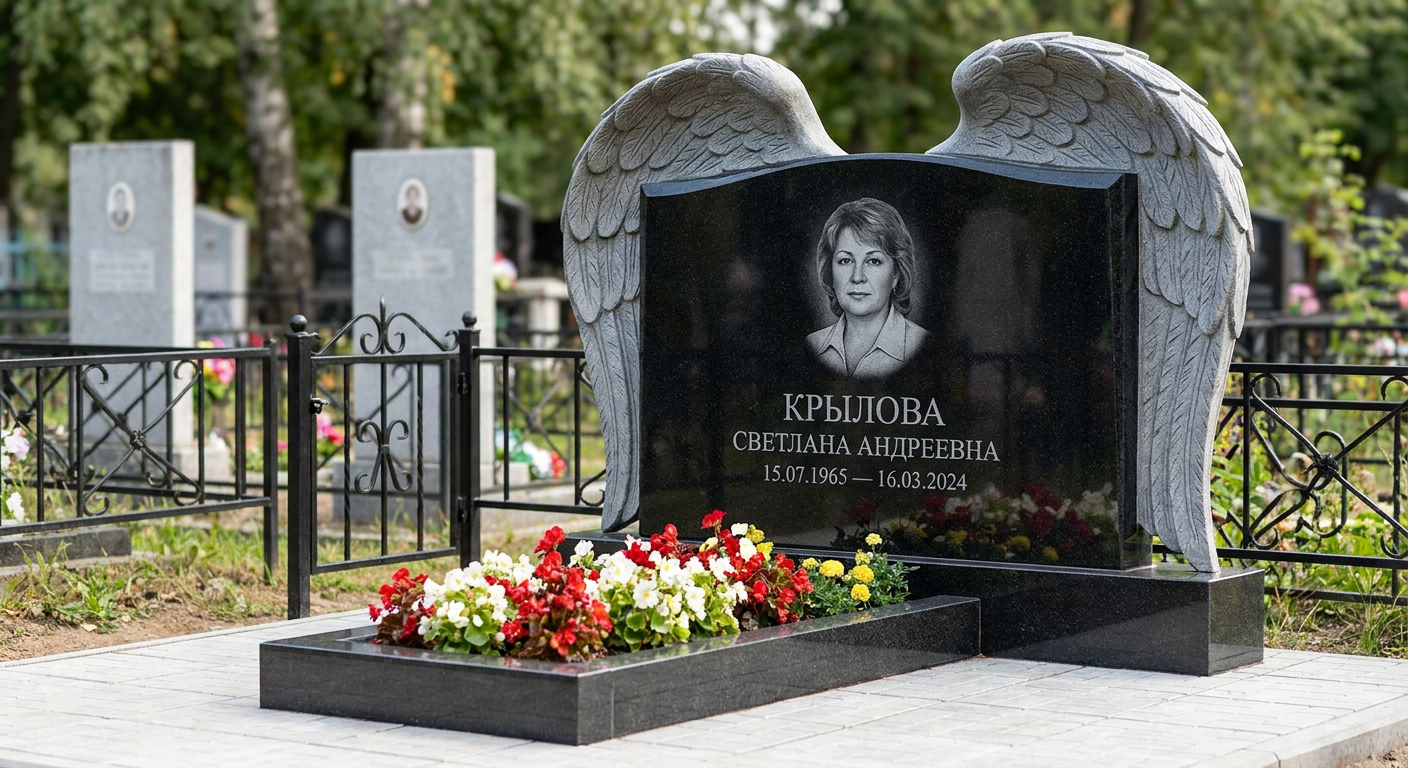 Пример дизайна: Памятник с парящими крыльями из черного габбро-диабаза
