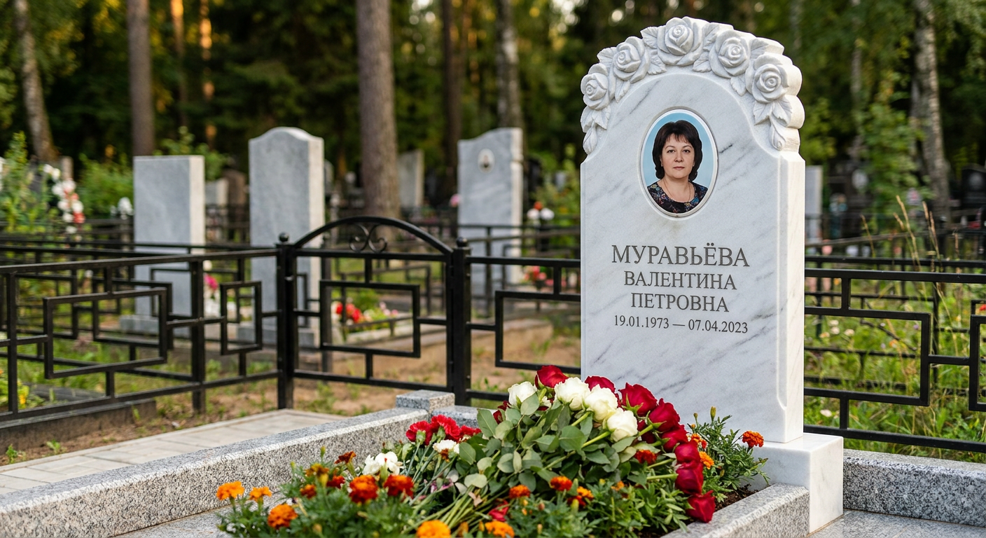 Пример дизайна: Мемориал с гирляндой роз из белого мрамора