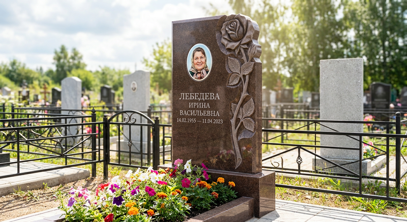 Пример дизайна: Памятник с розой из дымовского гранита с фотопортретом