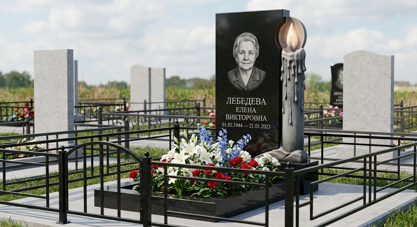 Пример дизайна: Стела с горящей свечой из черного габбро-диабаза с портретом