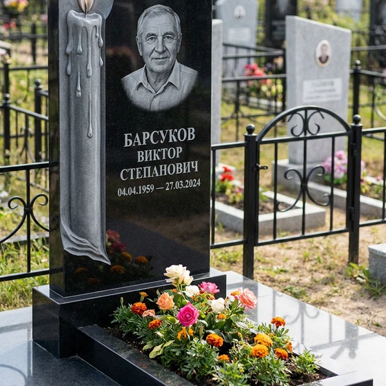 Памятник с горящей свечой из черного габбро-диабаза с портретом