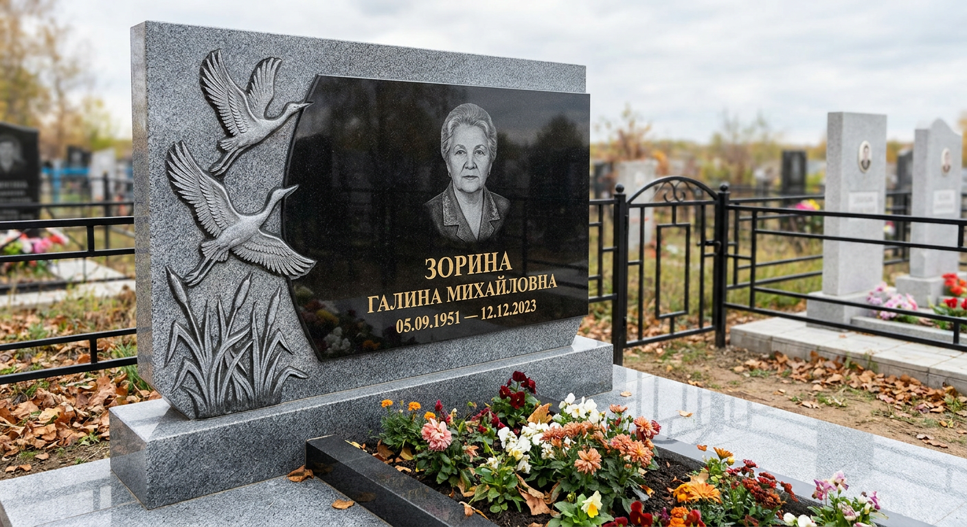 Пример дизайна: Памятник с журавлями из мансуровского гранита с черной вставкой