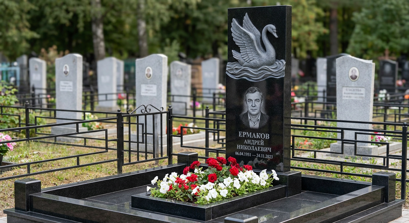 Пример дизайна: Памятник с лебедем из черного габбро-диабаза с глубокой фрезеровкой