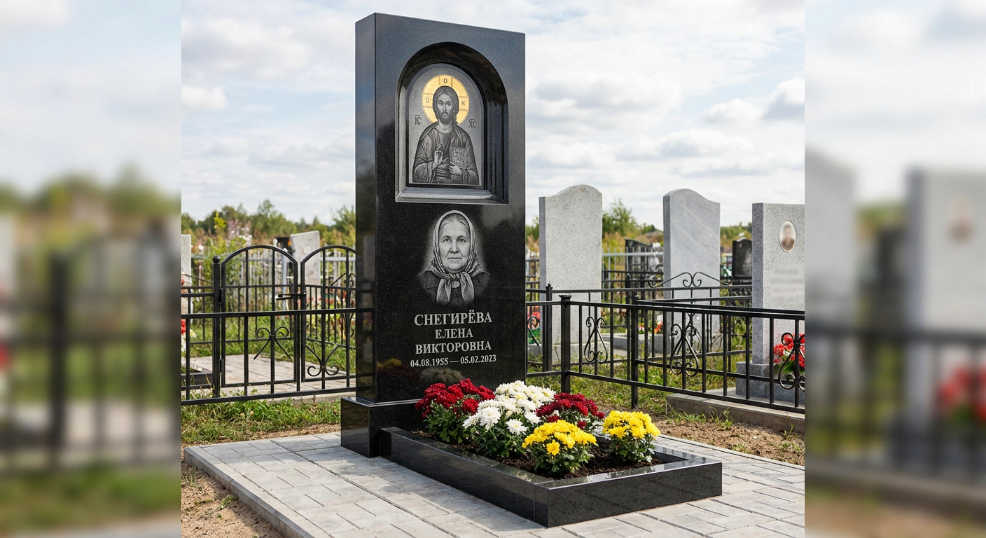 Пример дизайна: Памятник с иконой христа из габбро-диабаза с золоченым нимбом