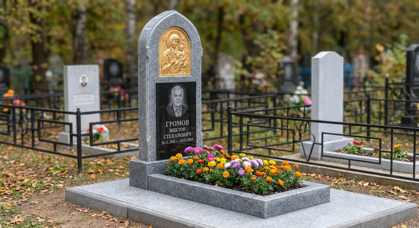 Пример дизайна: Памятник с иконой богородицы из мансуровского гранита с художественной резьбой