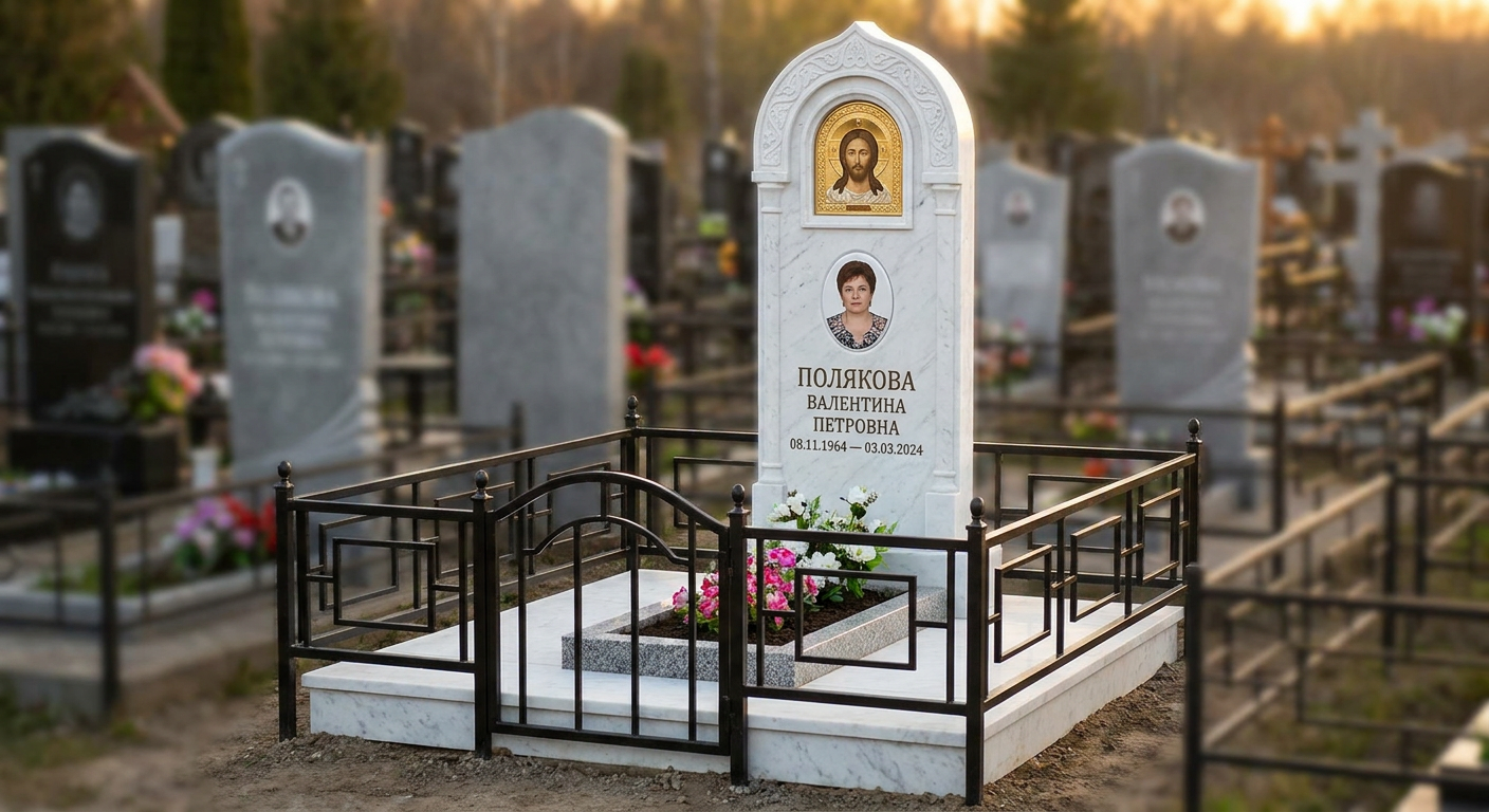 Пример дизайна: Стела с иконой спасителя из белого мрамора с портретом