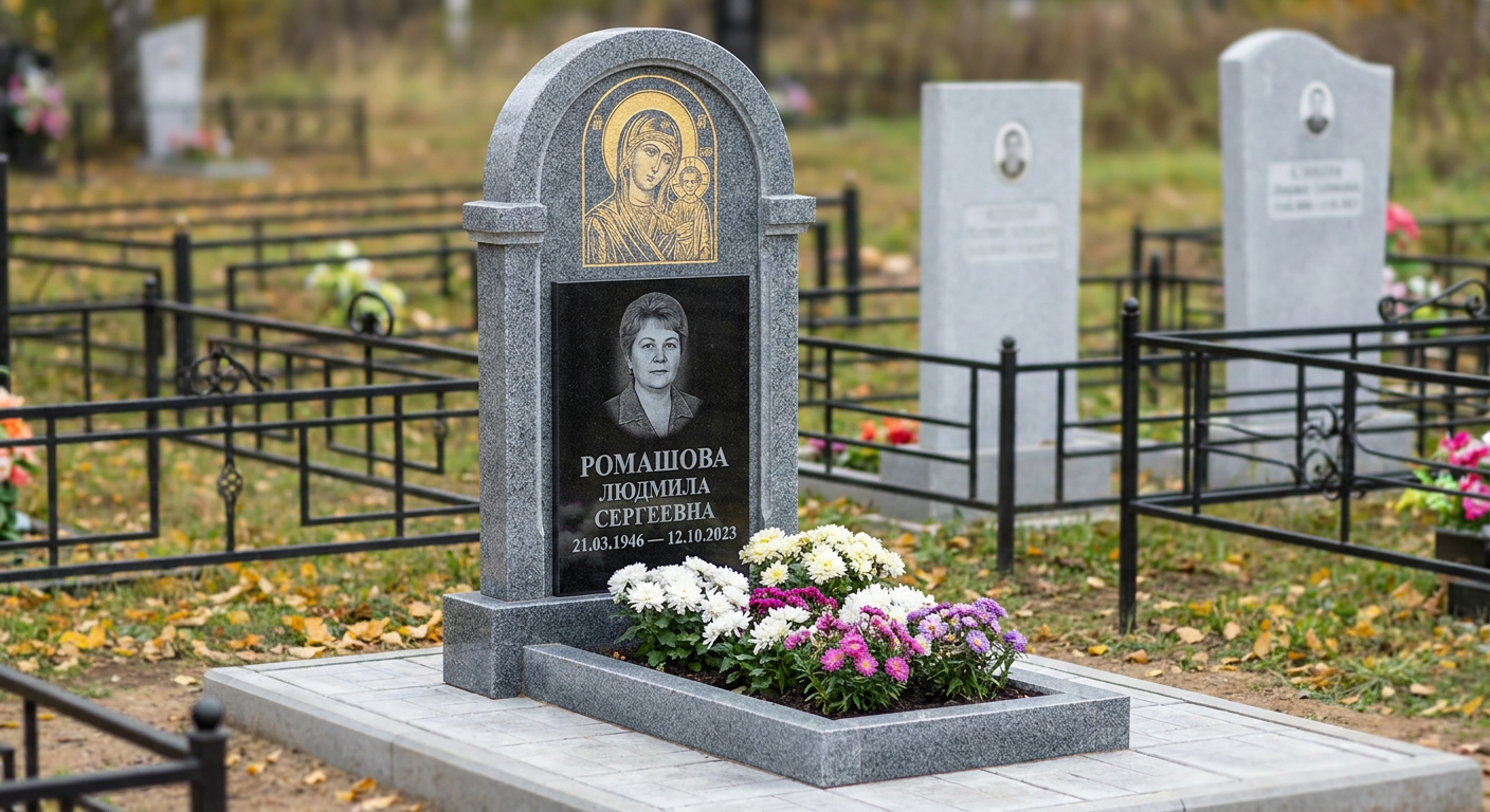 Пример дизайна: Памятник с иконой богородицы из мансуровского гранита с аркой и цветником