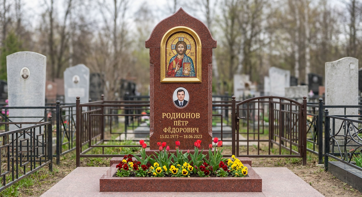 Пример дизайна: Памятник с мозаичной иконой из лезниковского гранита с аркой