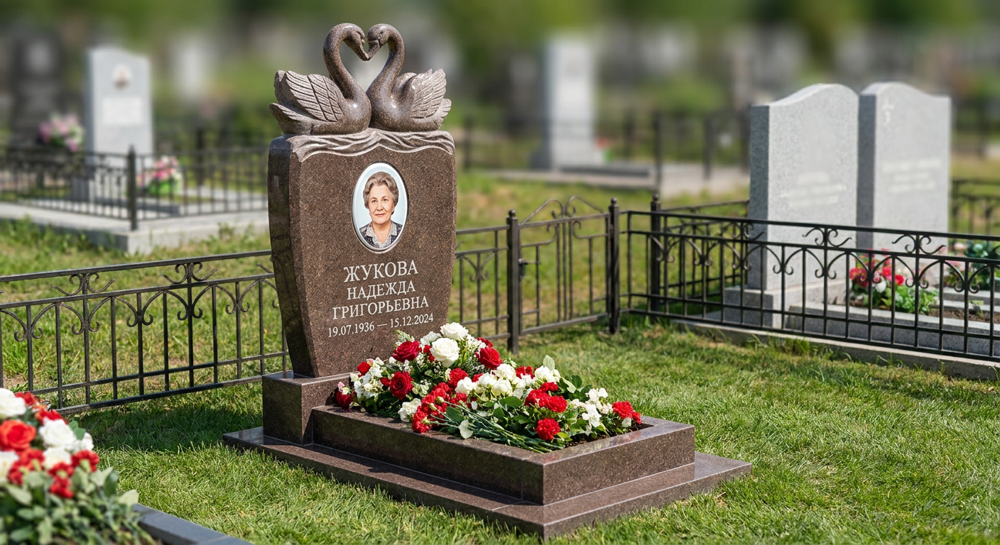 Пример дизайна: памятник с лебедем из коричневого гранита Дымовский с портретом