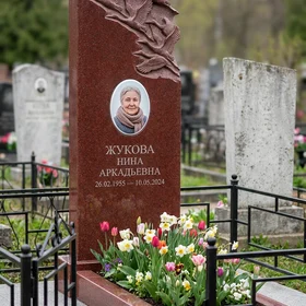 Памятник с журавлями из красного лезниковского гранита с портретом