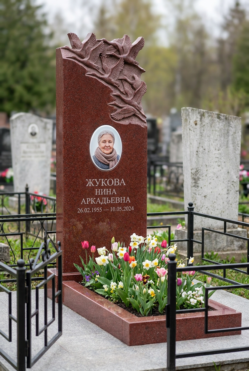 Пример дизайна: Памятник с журавлями из красного лезниковского гранита с портретом