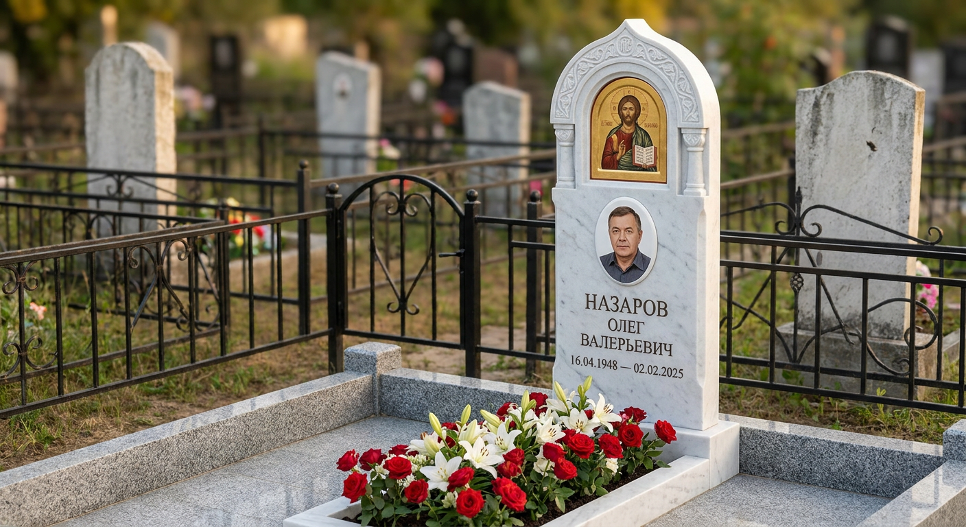 Пример дизайна: Памятник с иконой из белого мрамора с портретом