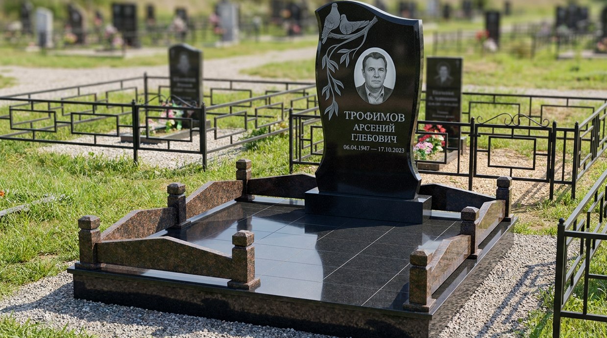 Пример дизайна: Комбинированный памятник с гравировкой птиц и фигурной стелой — фото и цена