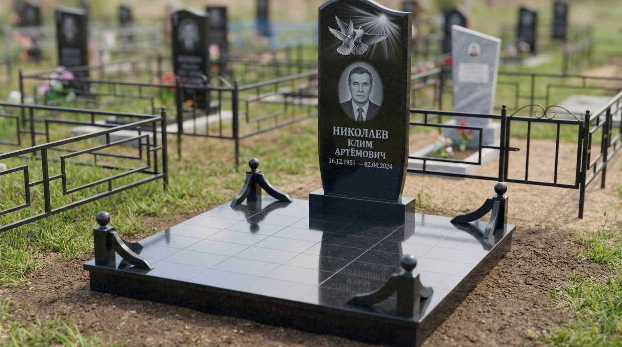 Пример дизайна: Гранитный памятник с гравировкой голубей и овальной вершиной — фото и цена