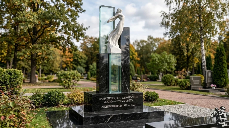 sovremennaya-stela-iz-granita-i-stekla-so-skulpturoy