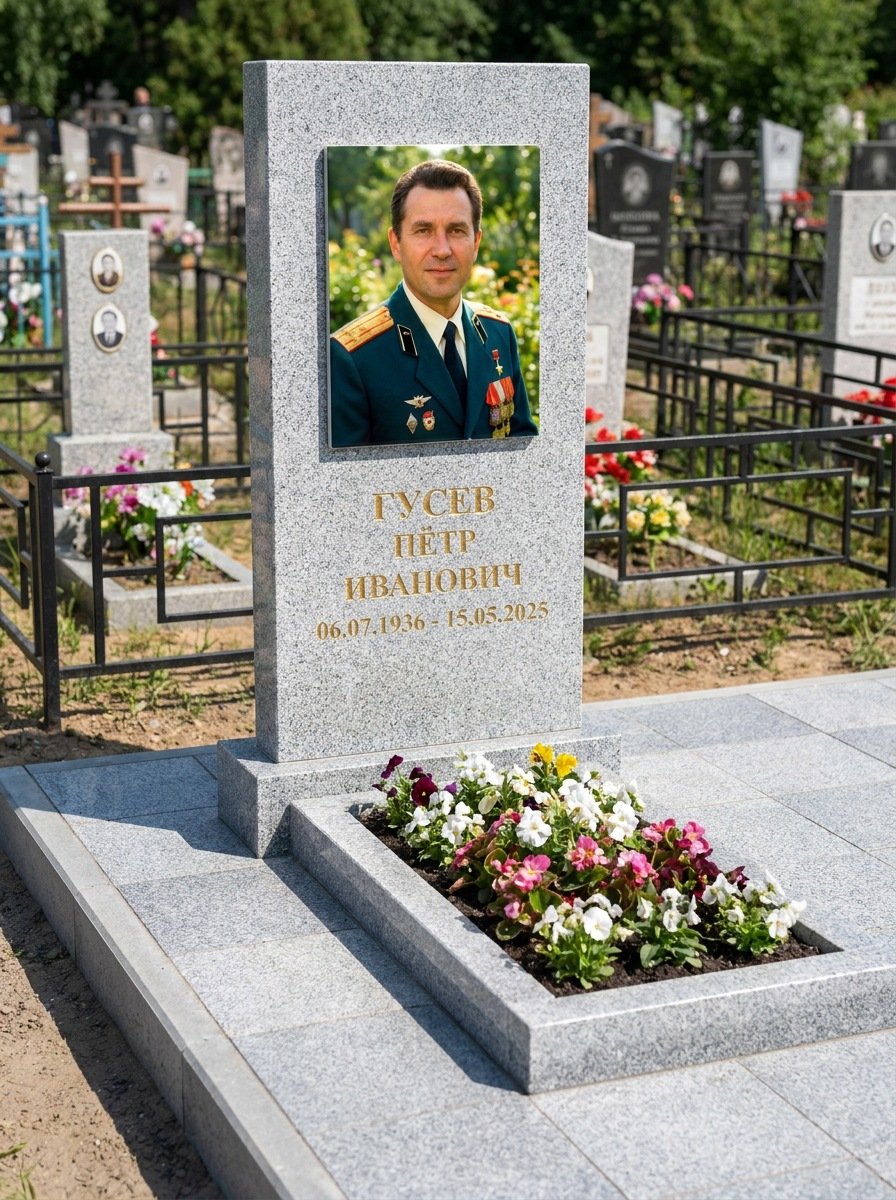 Портрет на памятнике в Пензе — Прямоугольник на гранитной стеле, ФИО и даты на портрете